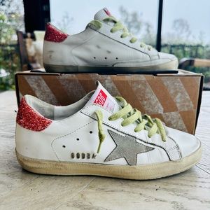 100% Authentic Golden Goose Glitter Superstar Sneakers EU 37 White/Red Worn 3X